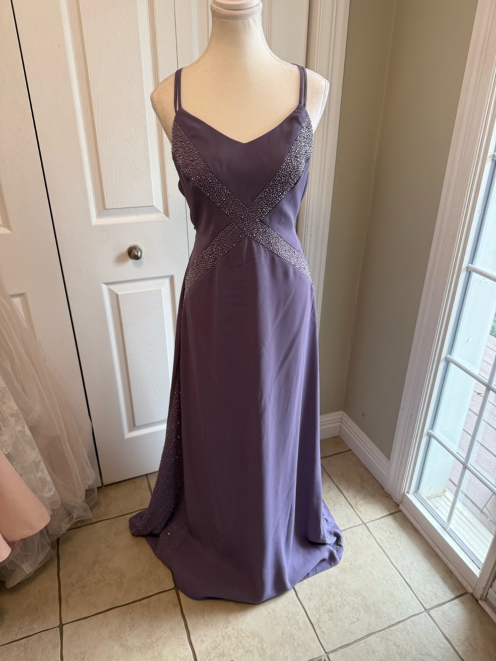 Alfred Angelo Purple Beaded Spaghetti Strap Prom Gown